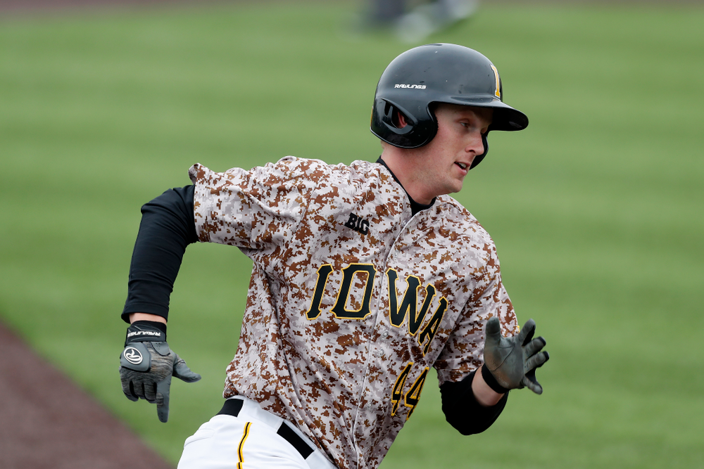Iowa Hawkeyes outfielder Robert Neustrom (44) during a double header against the Indiana Hoosiers Friday, March 23, 2018 at Duane Banks Field. (Brian Ray/hawkeyesports.com)
