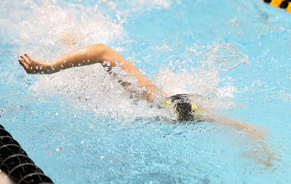 Iowa’s Hannah Burvill swims the freestyle section of the women’s 400 yard medley relay event during the 2020 Women’s Big Ten Swimming and Diving Championships at the Campus Recreation and Wellness Center in Iowa City on Thursday, February 20, 2020. (Stephen Mally/hawkeyesports.com)