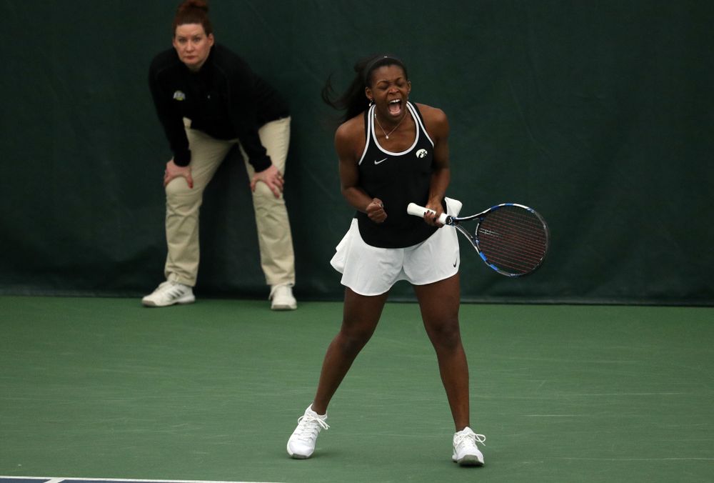 Iowa's Adorabol Huckleby during a doubles match against North Texas Sunday, January 20, 2019 at the Hawkeye Tennis and Recreation Center. (Brian Ray/hawkeyesports.com)