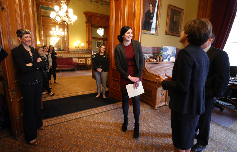 Iowa’s Megan Gustafson meets with Governor Kim Reynolds and Lt. Governor Adam Gregg at the Iowa State Capitol Wednesday, April 24, 2019 in Des Moines. (Brian Ray/hawkeyesports.com)