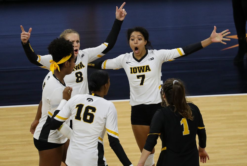 Iowa Hawkeyes setter Brie Orr (7) celebrates after winning a point during a match against Rutgers at Carver-Hawkeye Arena on November 2, 2018. (Tork Mason/hawkeyesports.com)
