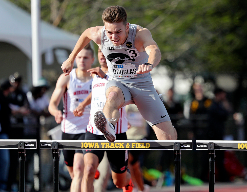 Iowa's Chris Douglas runs the men’s 400 meter hurdles event on the first day of the Big Ten Outdoor Track and Field Championships at Francis X. Cretzmeyer Track in Iowa City on Friday, May. 10, 2019. (Stephen Mally/hawkeyesports.com)