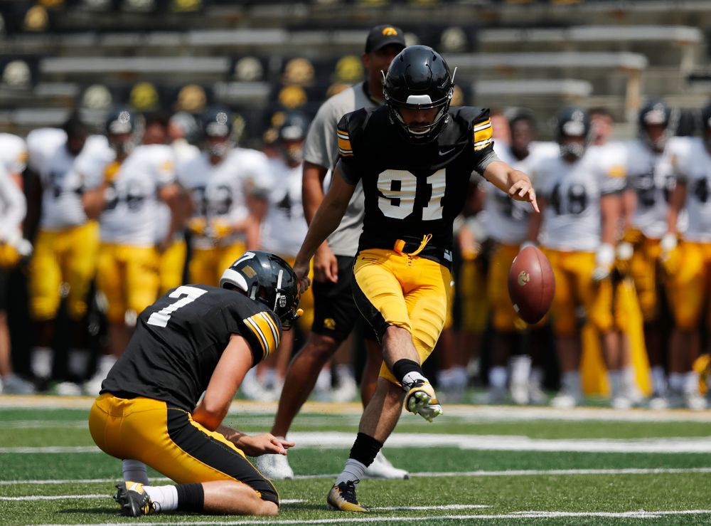 Iowa Hawkeyes place kicker Miguel Recinos (91) during Kids Day Saturday, August 11, 2018 at Kinnick Stadium. (Brian Ray/hawkeyesports.com)