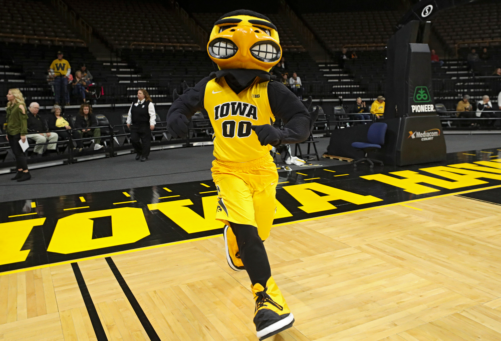 Herky is introduced before their game against Winona State at Carver-Hawkeye Arena in Iowa City on Sunday, Nov 3, 2019. (Stephen Mally/hawkeyesports.com)