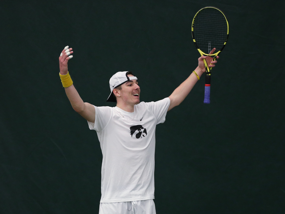 Iowa’s Nikita Snezhko against Cornell Sunday, March 8, 2020 at the Hawkeye Tennis and Recreation Center. (Brian Ray/hawkeyesports.com)