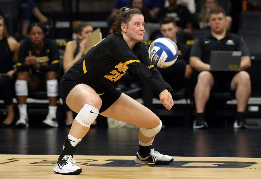 Iowa Hawkeyes outside hitter Edina Schmidt (20) against the Iowa State Cyclones Saturday, September 21, 2019 at Carver-Hawkeye Arena. (Brian Ray/hawkeyesports.com)