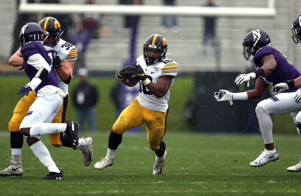 Iowa Hawkeyes running back Mekhi Sargent (10) against the Northwestern Wildcats Saturday, October 26, 2019 at Ryan Field in Evanston, Ill. (Brian Ray/hawkeyesports.com)