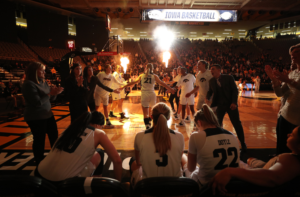 Iowa Hawkeyes forward Hannah Stewart (21) is introduced before their game against the Wisconsin Badgers Monday, January 7, 2019 at Carver-Hawkeye Arena. (Brian Ray/hawkeyesports.com)