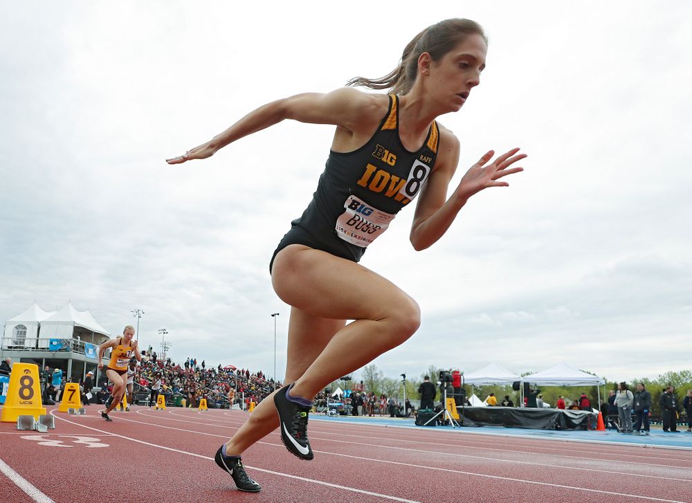 Iowa's Talia Buss runs the women’s 400 meter dash event on the second day of the Big Ten Outdoor Track and Field Championships at Francis X. Cretzmeyer Track in Iowa City on Saturday, May. 11, 2019. (Stephen Mally/hawkeyesports.com)