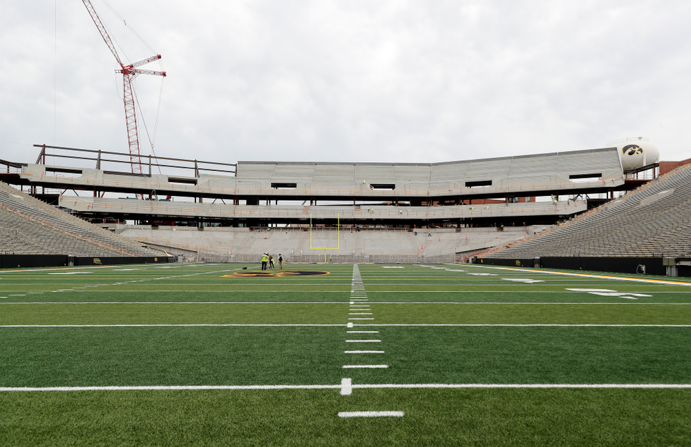 The view of the north end zone and water tower tiger hawk from the east hash mark of the south 10 yard-line Wednesday, June 6, 2018 at Kinnick Stadium. (Brian Ray/hawkeyesports.com)