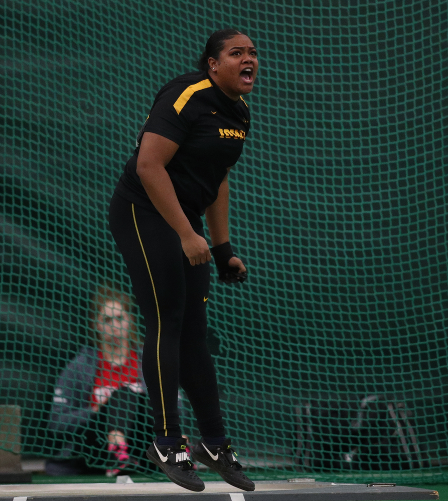 Iowa's Laulauga Tausaga sets a school record in the weight throw Friday, January 11, 2019 at the Hawkeye Tennis and Recreation Center. Tausaga set the new mark with a throw of 20.67m, 67-9 3/4. (Brian Ray/hawkeyesports.com)