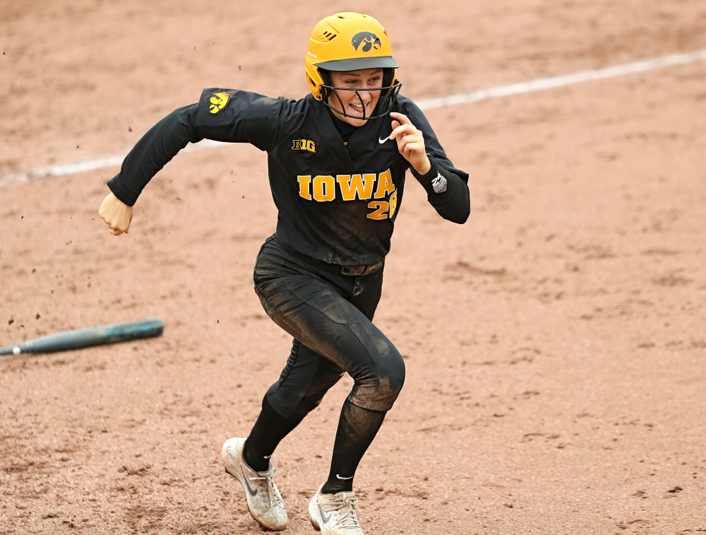 Iowa infielder Mia Ruther (26) runs to first during the fifth inning of their game against Iowa Softball vs Indian Hills Community College at Pearl Field in Iowa City on Sunday, Oct 6, 2019. (Stephen Mally/hawkeyesports.com)