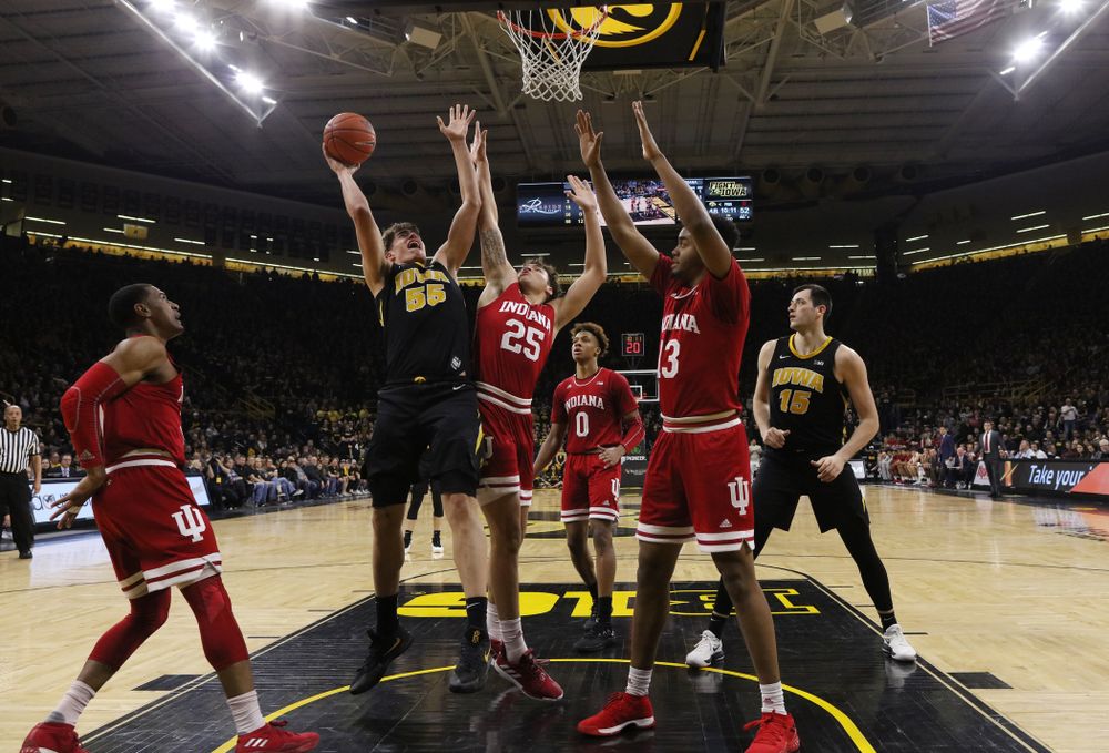 Iowa Hawkeyes forward Luka Garza (55) against the Indiana Hoosiers Friday, February 22, 2019 at Carver-Hawkeye Arena. (Brian Ray/hawkeyesports.com)