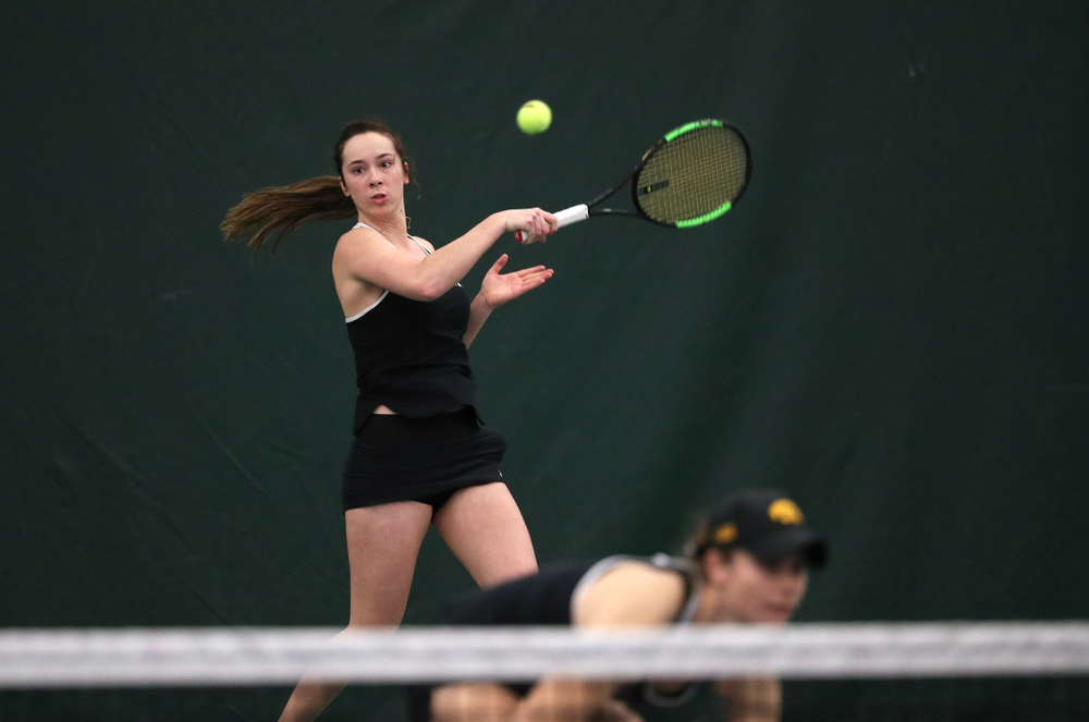 Iowa's Samantha Mannix and Elise Van Heuvelen Treadwell play a doubles match against the Penn State Nittany Lions Sunday, February 24, 2019 at the Hawkeye Tennis and Recreation Complex. (Brian Ray/hawkeyesports.com)
