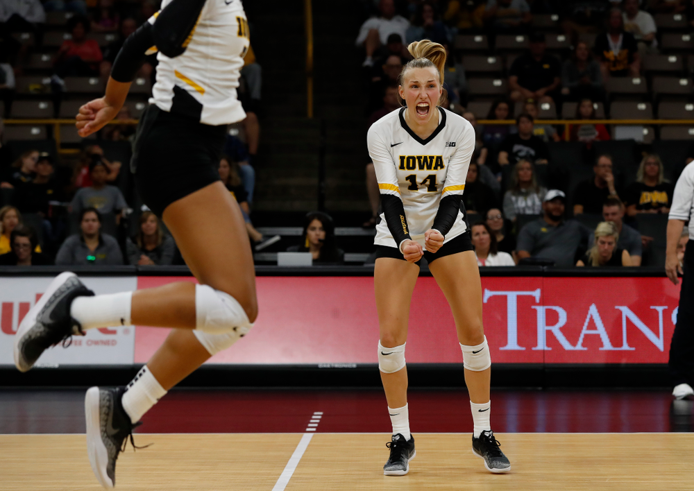 Iowa Hawkeyes outside hitter Cali Hoye (14) against the Michigan Wolverines Sunday, September 23, 2018 at Carver-Hawkeye Arena. (Brian Ray/hawkeyesports.com)