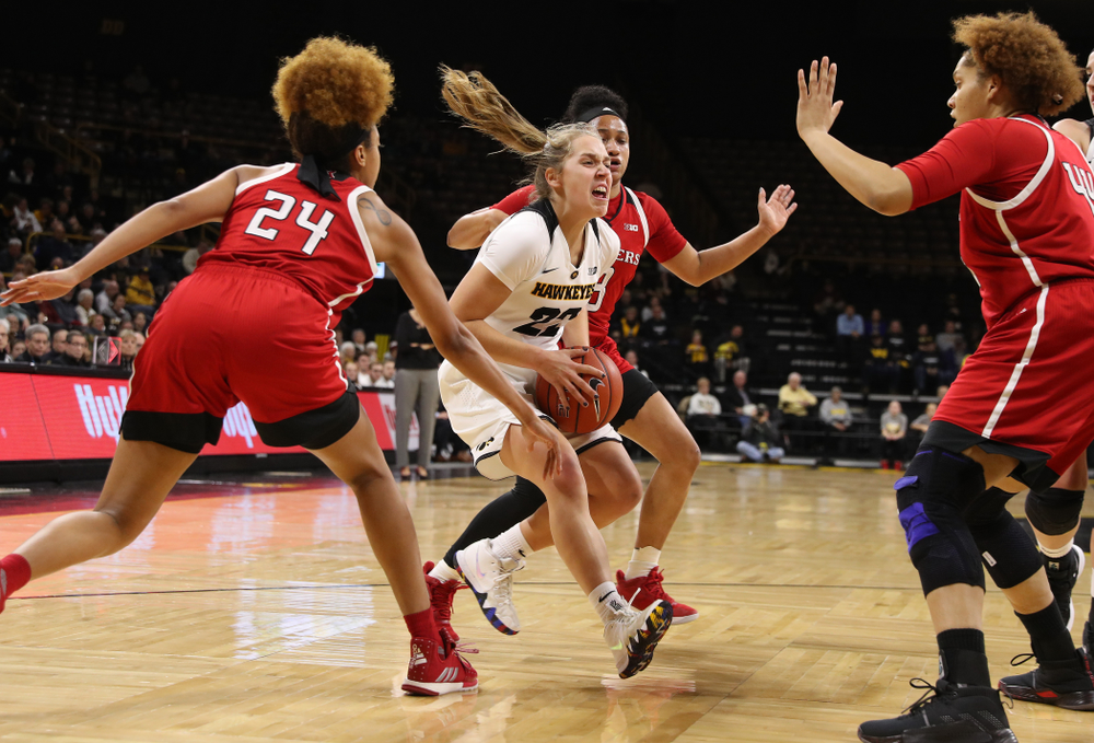 Iowa Hawkeyes guard Kathleen Doyle (22) against the Rutgers Scarlet Knights Wednesday, January 23, 2019 at Carver-Hawkeye Arena. (Brian Ray/hawkeyesports.com)