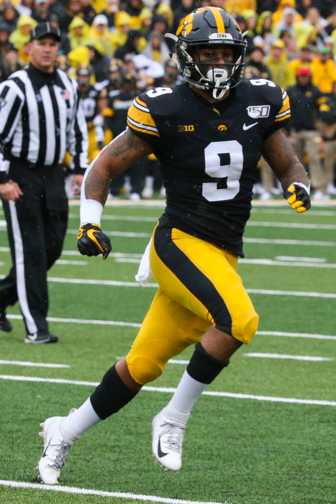 Iowa Hawkeyes defensive back Geno Stone (9) during Iowa football vs Purdue on Saturday, October 19, 2019 at Kinnick Stadium. (Lily Smith/hawkeyesports.com)