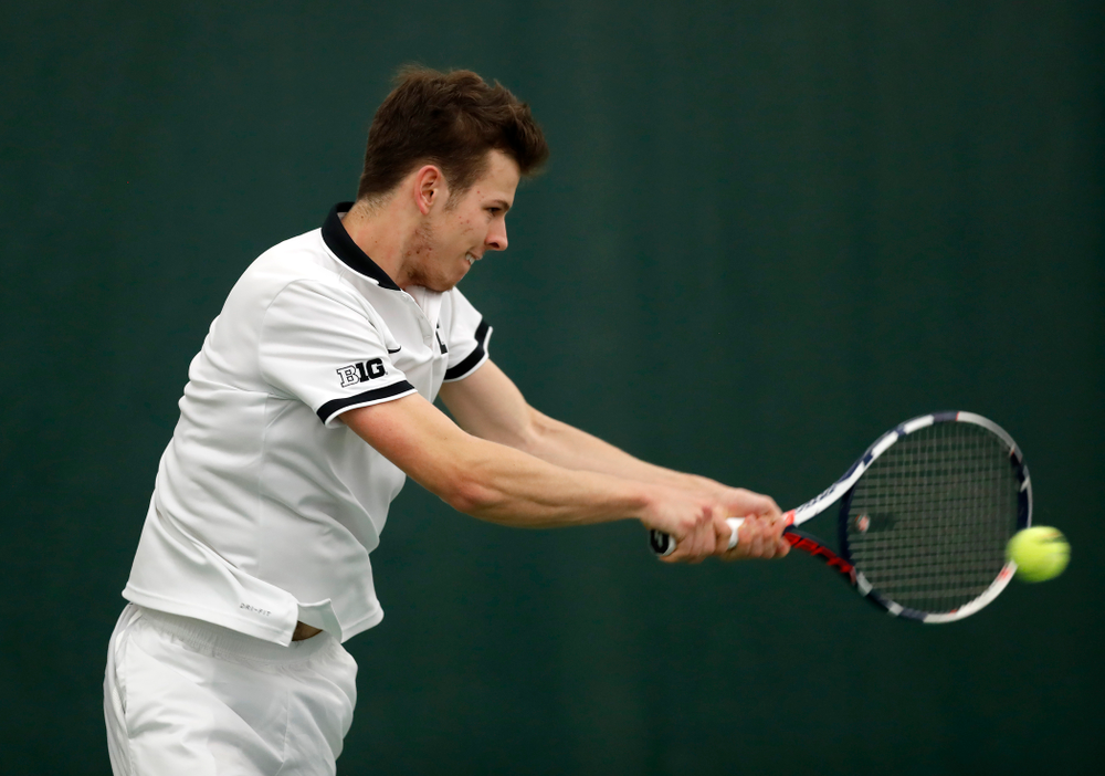 Piotr Smietana against Purdue Sunday, April 15, 2018 at the Hawkeye Tennis and Recreation Center. (Brian Ray/hawkeyesports.com)