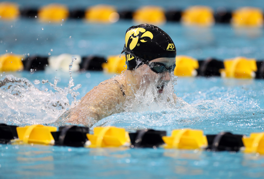 IowaÕs Aleksandra Olesiak swims the 100 yard breaststroke against the Michigan Wolverines Friday, November 1, 2019 at the Campus Recreation and Wellness Center. (Brian Ray/hawkeyesports.com)