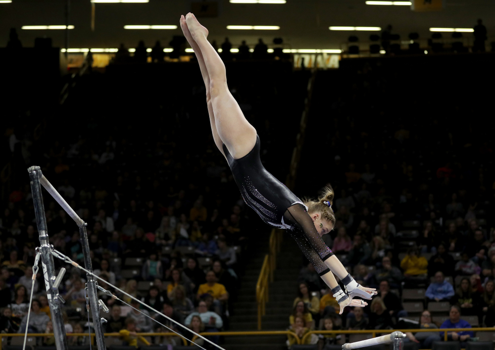 Iowa’s Allyson Steffensmeier competes on the bars against Michigan State Saturday, February 1, 2020 at Carver-Hawkeye Arena. (Brian Ray/hawkeyesports.com)