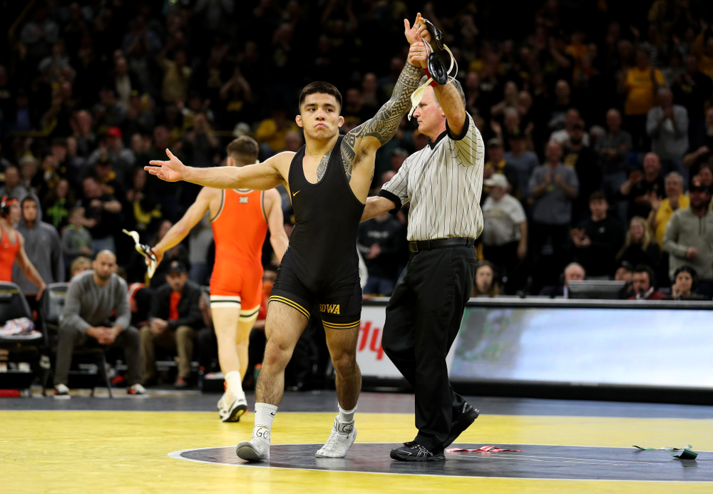 Iowa’s Pat Lugo Wrestles Oklahoma State’s Boo Luwallen at 149 pounds Sunday, February 23, 2020 at Carver-Hawkeye Arena. Lugo won the match by fall. (Brian Ray/hawkeyesports.com)