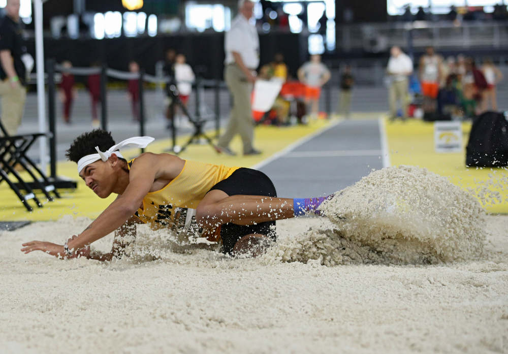 Iowa’s James Carter competes in the men’s triple jump event during the Larry Wieczorek Invitational at the Recreation Building in Iowa City on Saturday, January 18, 2020. (Stephen Mally/hawkeyesports.com)