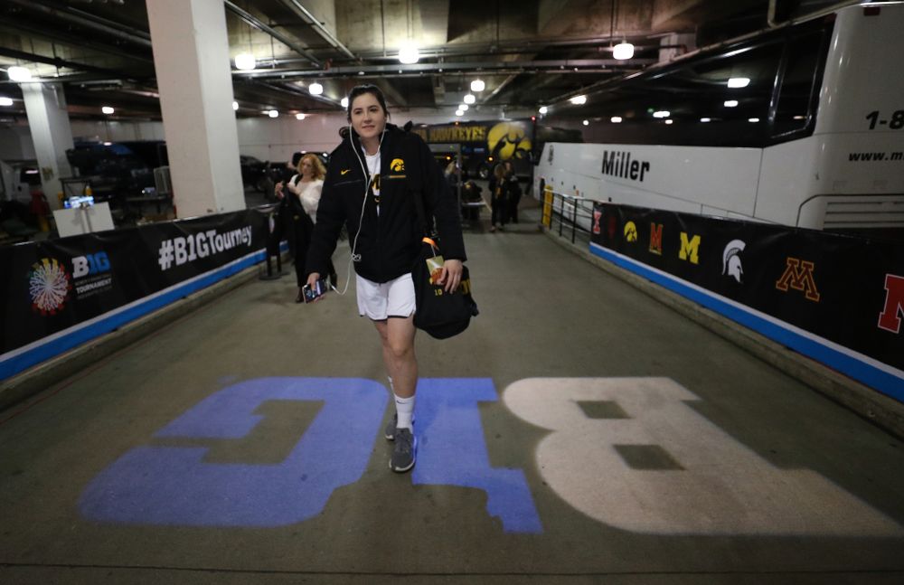 Iowa Hawkeyes forward Megan Gustafson (10) against the Indiana Hoosiers in the quarterfinals of the Big Ten Tournament Friday, March 8, 2019 at Bankers Life Fieldhouse in Indianapolis, Ind. (Brian Ray/hawkeyesports.com)