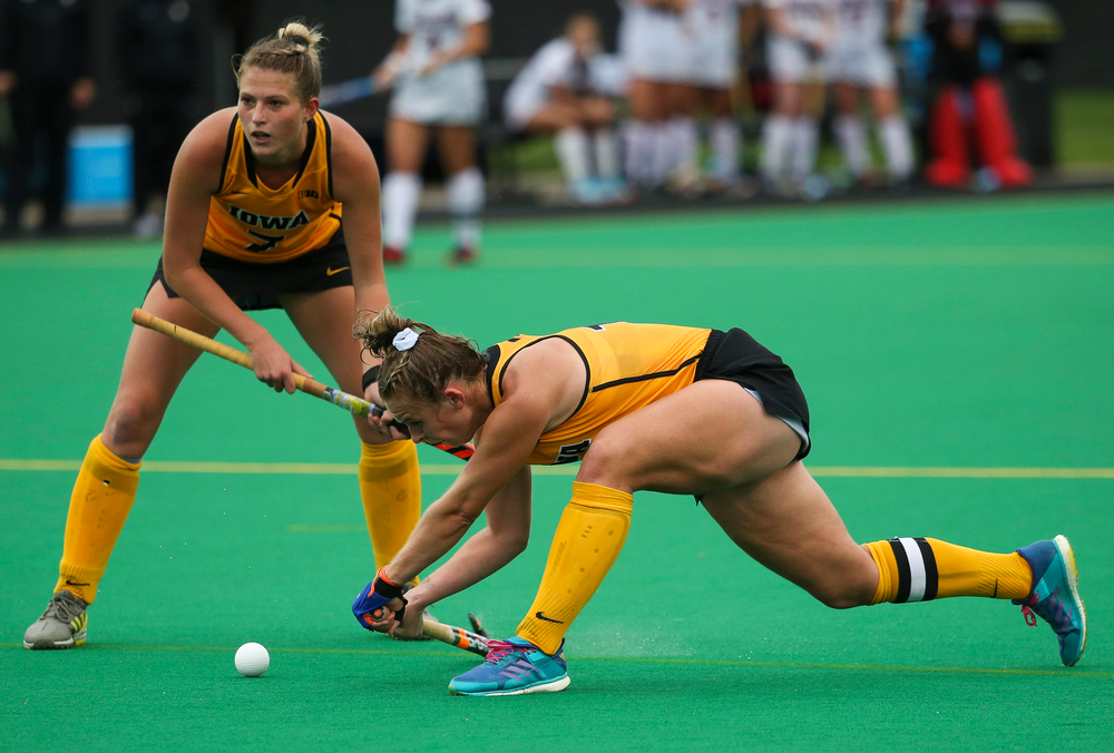 Iowa Hawkeyes midfielder Katie Birch (11) takes a shot on a penalty corner during a game against Stanford at Grant Field on October 7, 2018. (Tork Mason/hawkeyesports.com)