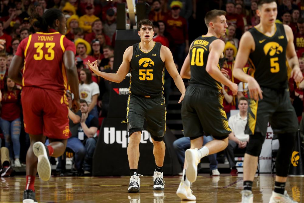 Iowa Hawkeyes forward Luka Garza (55) knocks down a three point basket against the Iowa State Cyclones Thursday, December 12, 2019 at Hilton Coliseum in Ames, Iowa(Brian Ray/hawkeyesports.com)