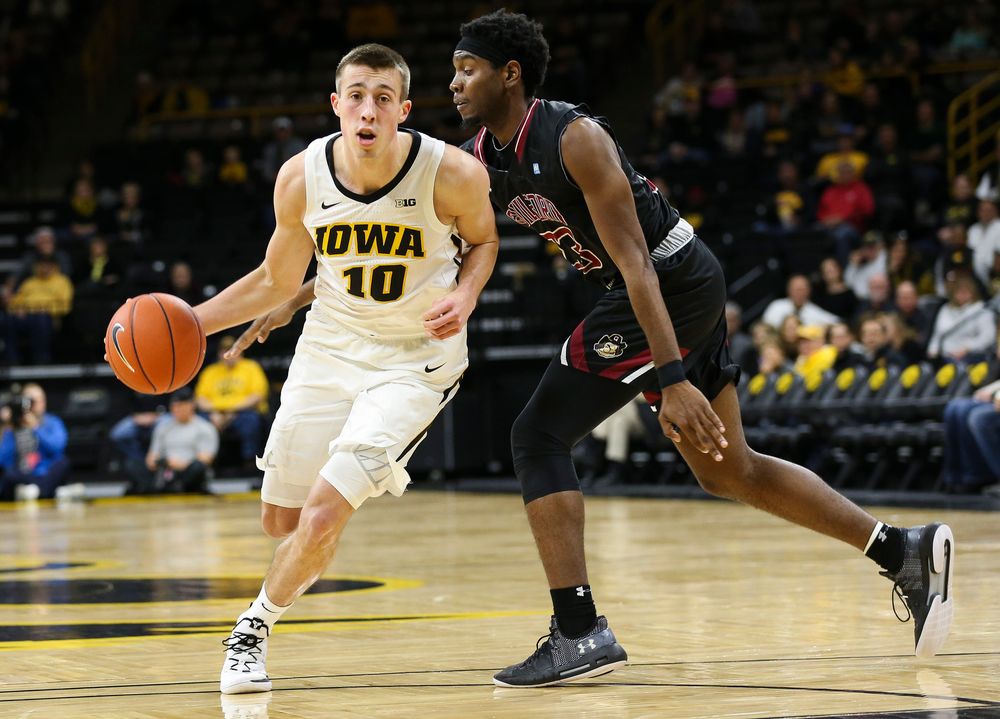 Iowa Hawkeyes guard Joe Wieskamp (10) drives into the lane during a game against Guilford College at Carver-Hawkeye Arena on November 4, 2018. (Tork Mason/hawkeyesports.com)