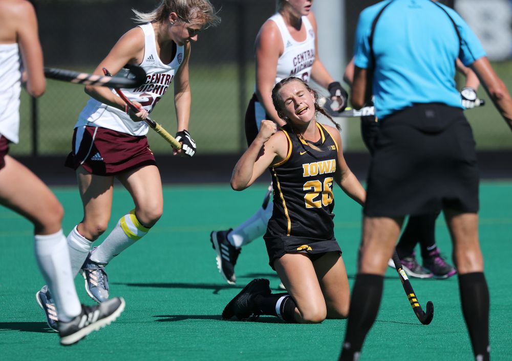 Iowa Hawkeyes forward Maddy Murphy (26) celebrates a goal against Central Michigan Friday, September 6, 2019 at Grant Field. The Hawkeyes won the game 11-0. (Brian Ray/hawkeyesports.com)