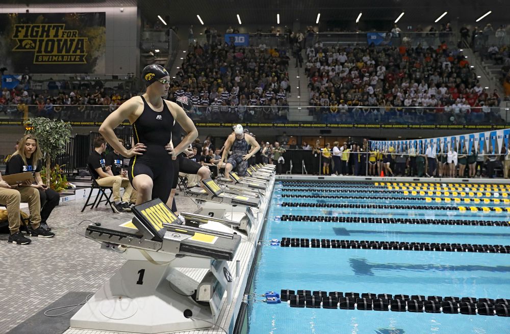 Iowa’s Grace Reeder waits to swim the women’s 400 yard individual medley C final event during the 2020 Women’s Big Ten Swimming and Diving Championships at the Campus Recreation and Wellness Center in Iowa City on Friday, February 21, 2020. (Stephen Mally/hawkeyesports.com)