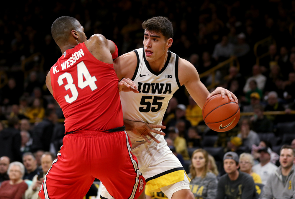 Iowa Hawkeyes forward Luka Garza (55) against the Ohio State Buckeyes Thursday, February 20, 2020 at Carver-Hawkeye Arena. (Brian Ray/hawkeyesports.com)