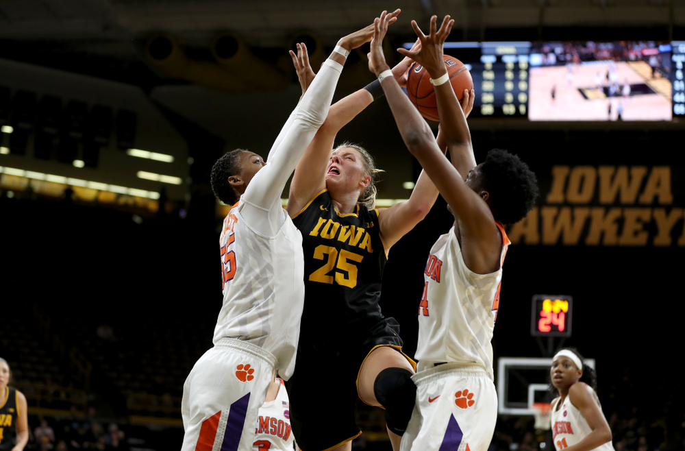 Iowa Hawkeyes forward/center Monika Czinano (25) against Clemson Wednesday, December 4, 2019 at Carver-Hawkeye Arena. (Brian Ray/hawkeyesports.com)