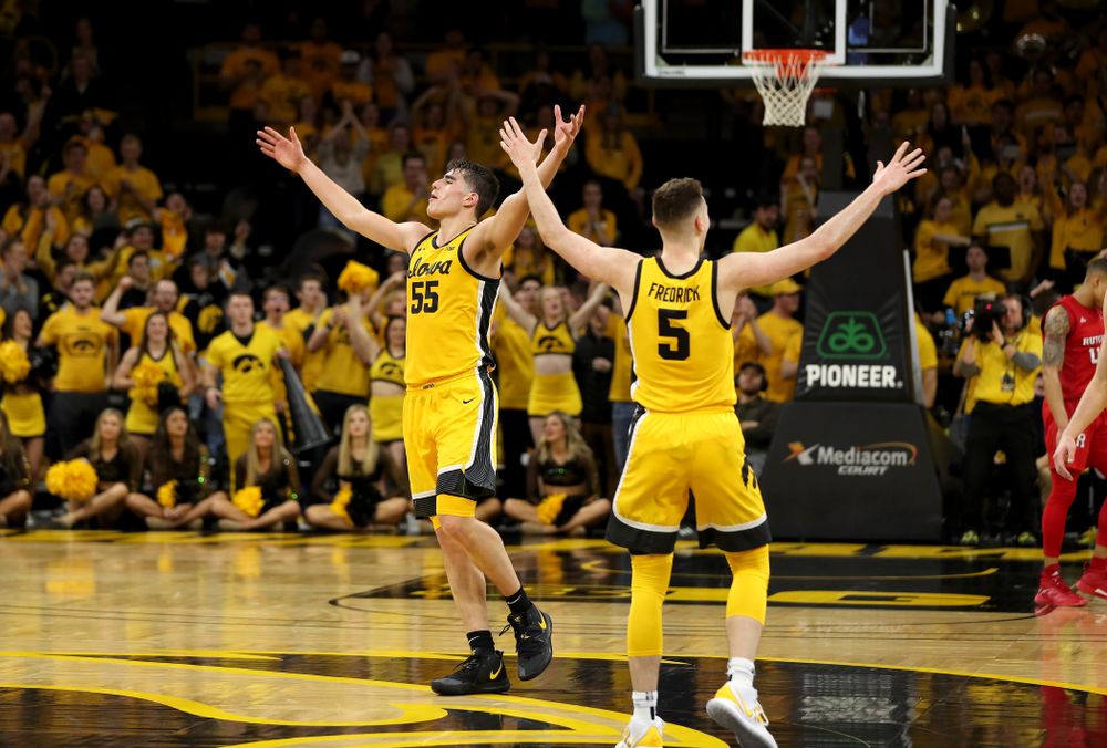 Iowa Hawkeyes forward Luka Garza (55) celebrates late in the game against the Rutgers Scarlet Knights Wednesday, January 22, 2020 at Carver-Hawkeye Arena. (Brian Ray/hawkeyesports.com)