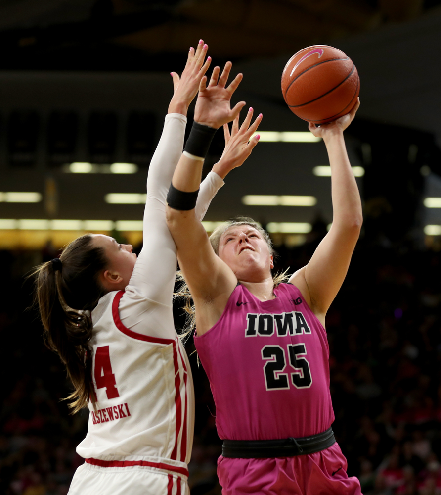 Iowa Hawkeyes forward/center Monika Czinano (25) against the Wisconsin Badgers Sunday, February 16, 2020 at Carver-Hawkeye Arena. (Brian Ray/hawkeyesports.com)