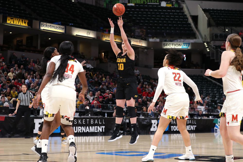 Iowa Hawkeyes forward Megan Gustafson (10) against the Maryland Terrapins Sunday, March 10, 2019 at Bankers Life Fieldhouse in Indianapolis, Ind. (Brian Ray/hawkeyesports.com)