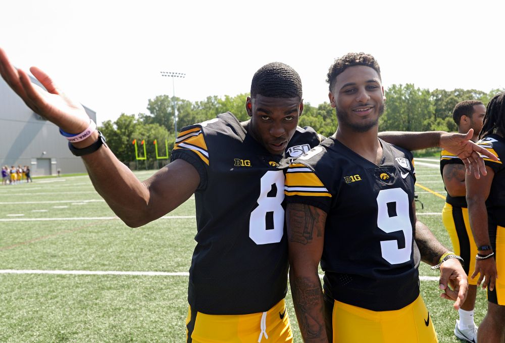 Iowa Hawkeyes defensive back Matt Hankins (8) and defensive back Geno Stone (9) during Iowa Football Media Day at the Hansen Football Performance Center in Iowa City on Friday, Aug 9, 2019. (Stephen Mally/hawkeyesports.com)