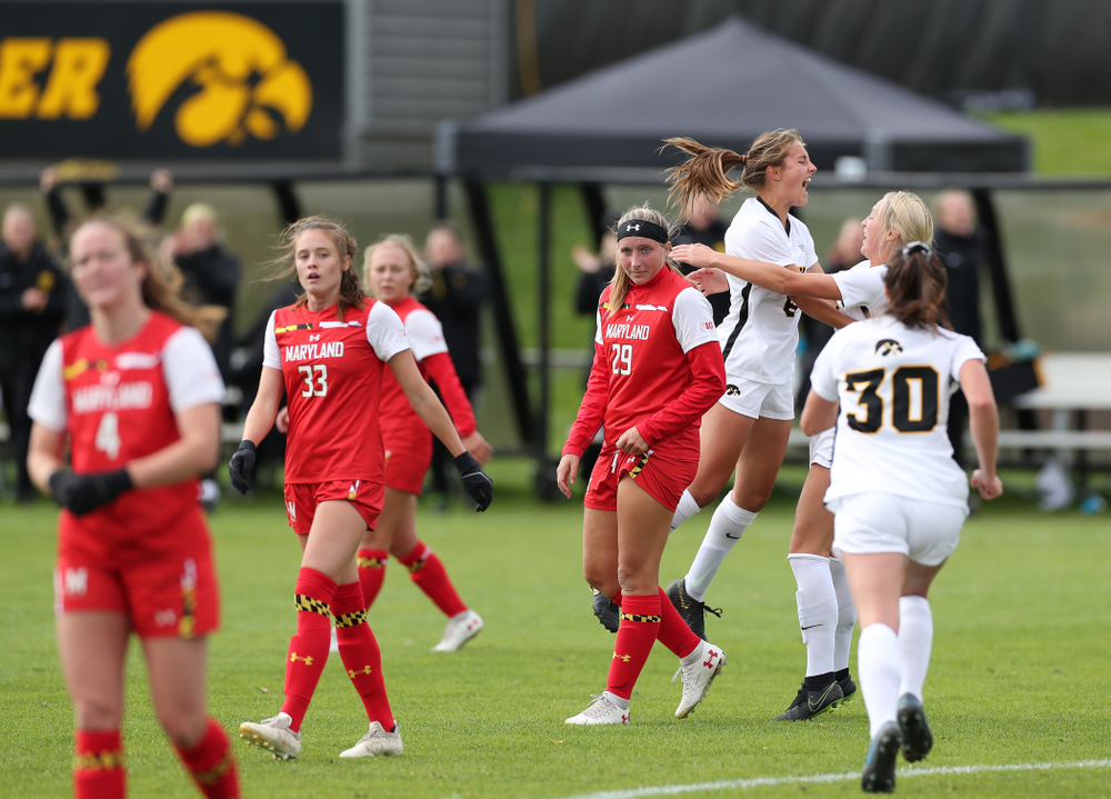 Iowa Hawkeyes midfielder Isabella Blackman (6) celebrates after scoring against the Maryland Terrapins Sunday, October 13, 2019 on senior day. (Brian Ray/hawkeyesports.com)
