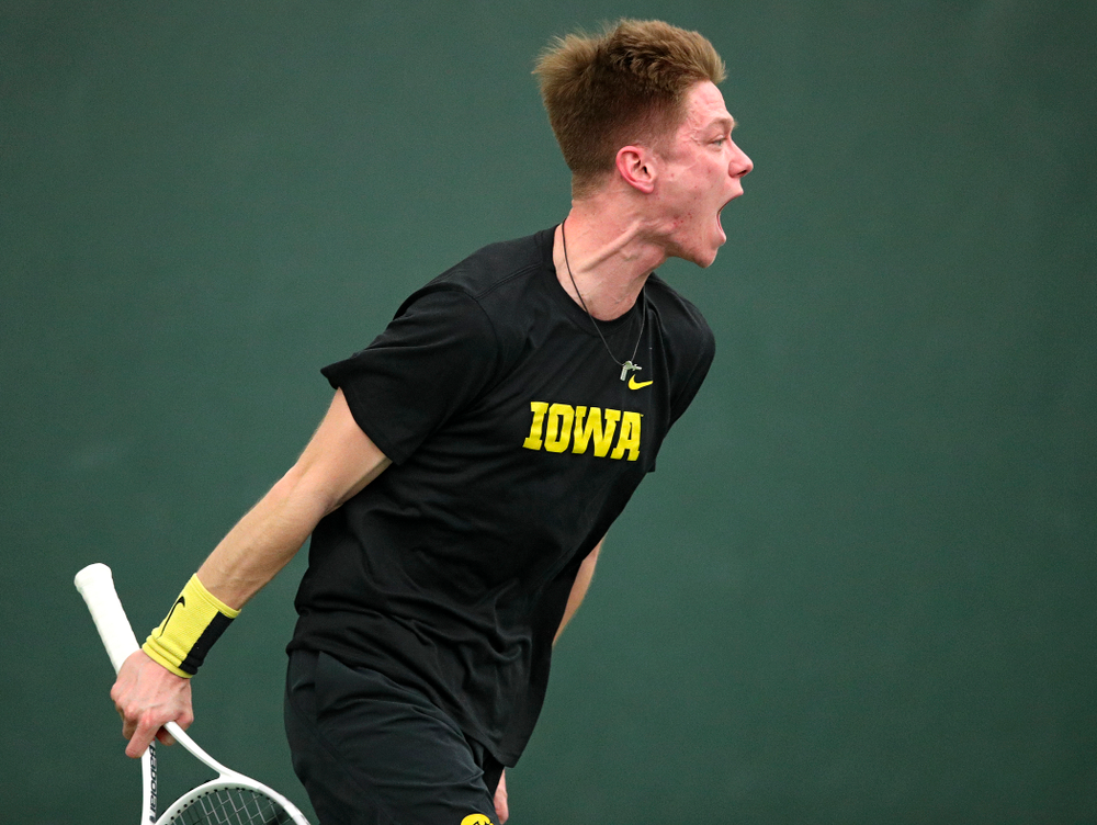 Iowa’s Jason Kerst during his singles match at the Hawkeye Tennis and Recreation Complex in Iowa City on Friday, February 14, 2020. (Stephen Mally/hawkeyesports.com)