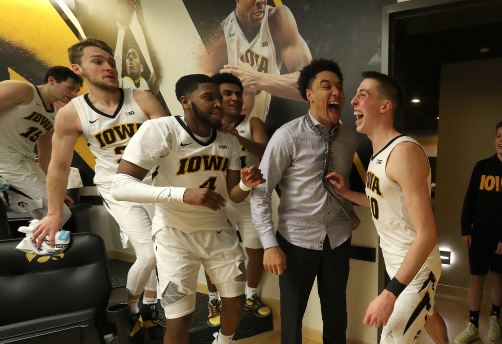 Iowa Hawkeyes guard Joe Wieskamp (10) dances with his teammates following their win against the Michigan Wolverines Friday, February 1, 2019 at Carver-Hawkeye Arena. (Brian Ray/hawkeyesports.com)