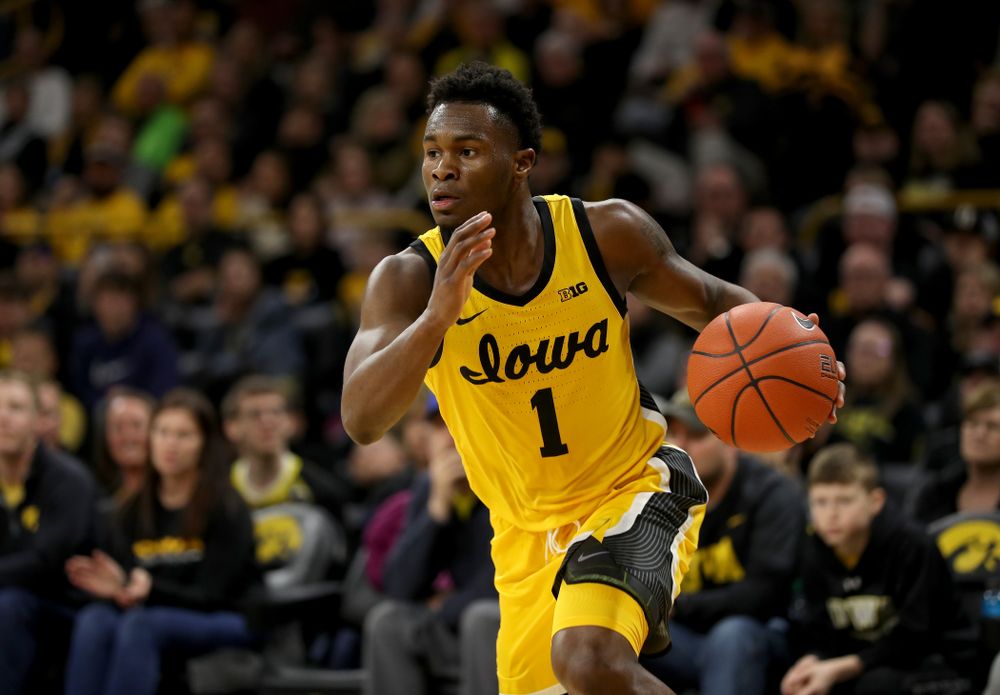 Iowa Hawkeyes guard Joe Toussaint (1) against the Nebraska Cornhuskers Saturday, February 8, 2020 at Carver-Hawkeye Arena. (Brian Ray/hawkeyesports.com)