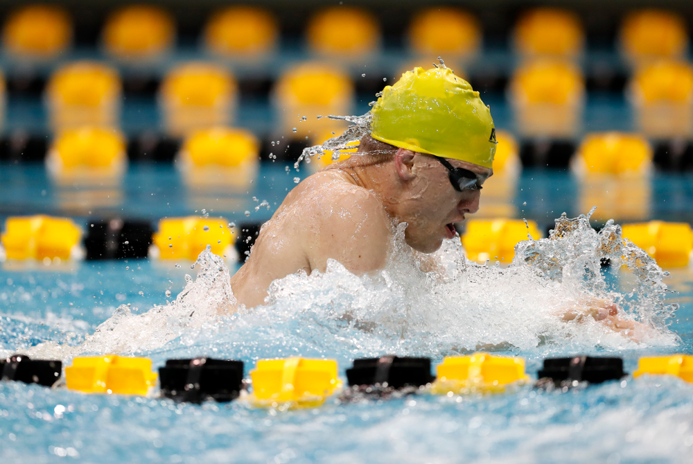 Caleb Babb swims the breaststroke leg of the 200 yard medley relay during the Black and Gold Intrasquad Saturday, September 29, 2018 at the Campus Recreation and Wellness Center. (Brian Ray/hawkeyesports.com)