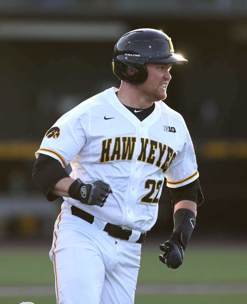 Iowa Hawkeyes Tanner Padgett (22) doubles against the Michigan State Spartans Friday, May 10, 2019 at Duane Banks Field. (Brian Ray/hawkeyesports.com)