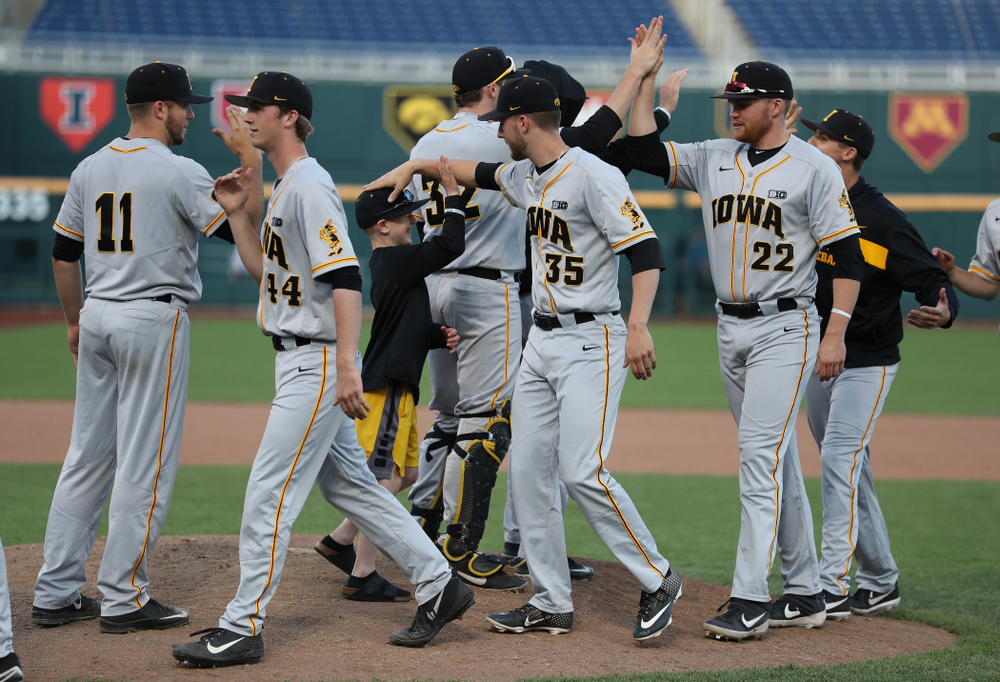 Iowa Hawkeyes Cam Baumann (35) and Gage Gorzelanny against the Indiana Hoosiers in the first round of the Big Ten Baseball Tournament Wednesday, May 22, 2019 at TD Ameritrade Park in Omaha, Neb. (Brian Ray/hawkeyesports.com)