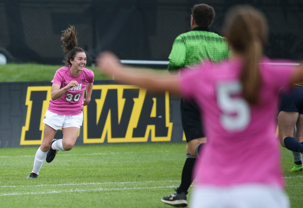 Iowa Hawkeyes forward Devin Burns (30) reacts after scoring a goal during a game against Michigan at the Iowa Soccer Complex on October 14, 2018. (Tork Mason/hawkeyesports.com)