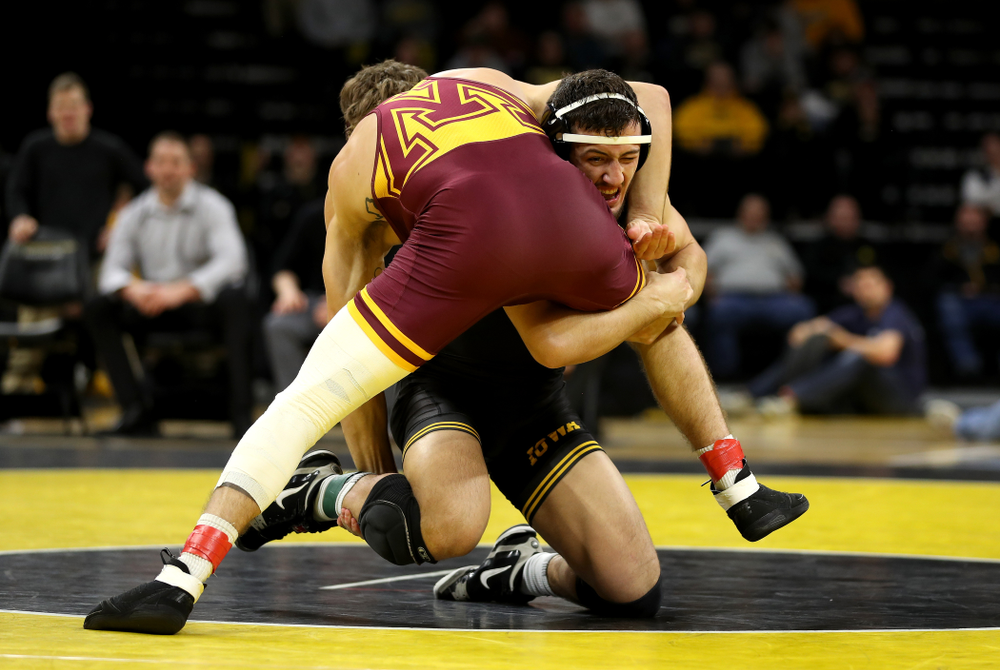 Iowa’s Michael Kemerer wrestles Minnesota’s Devin Skatzka at 174 pounds Saturday, February 15, 2020 at Carver-Hawkeye Arena. Kemererwon the match by fall. (Brian Ray/hawkeyesports.com)