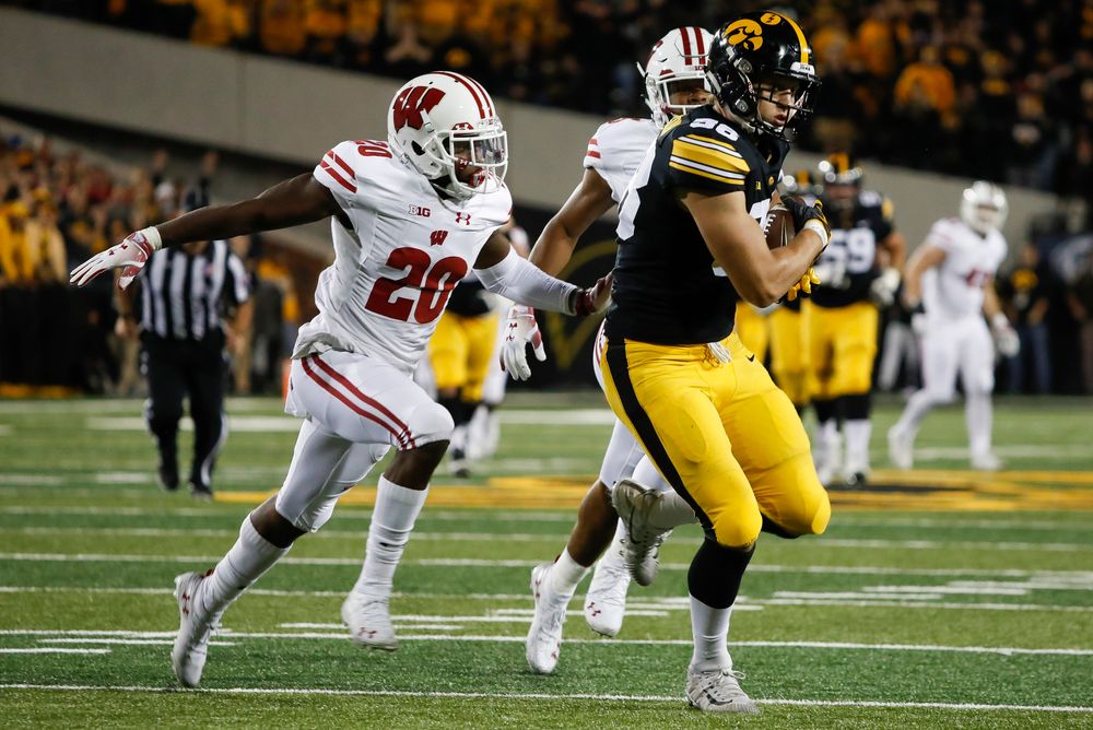 Iowa Hawkeyes tight end T.J. Hockenson (38) makes a first down reception during a game against Wisconsin at Kinnick Stadium on September 22, 2018. (Tork Mason/hawkeyesports.com)