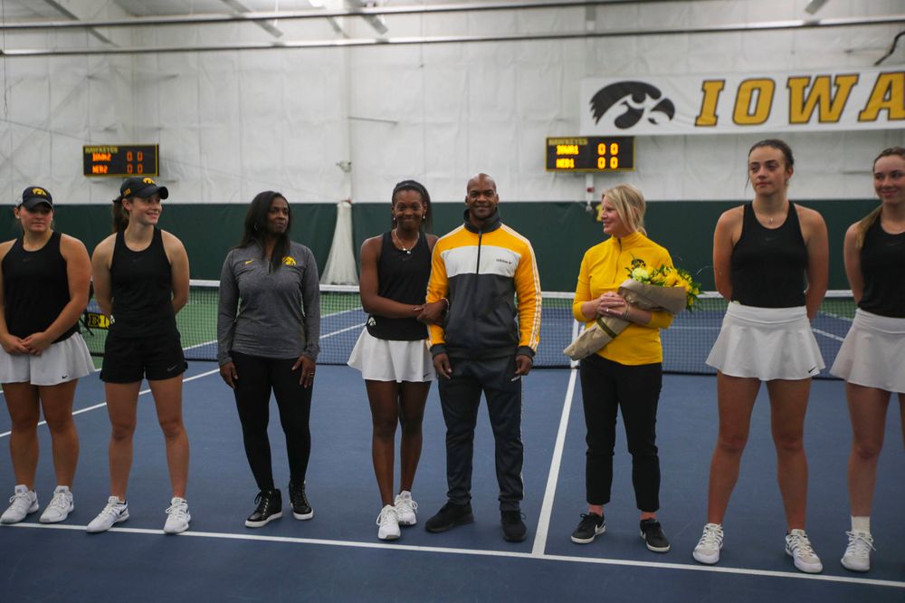 IowaÕs Adorabol Huckleby at womenÕs tennis senior day vs Nebraska on Saturday, April 13, 2019 at the Hawkeye Tennis and Recreation Complex. (Lily Smith/hawkeyesports.com)
