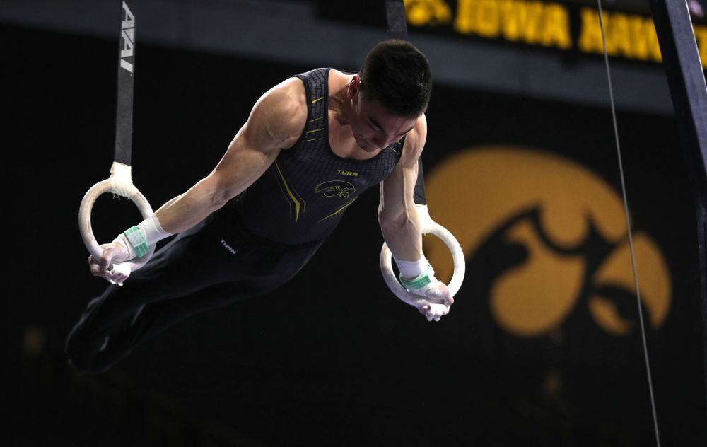 Iowa's Brandon Wong competes on the rings against Oklahoma Saturday, February 9, 2019 at Carver-Hawkeye Arena. (Brian Ray/hawkeyesports.com)
